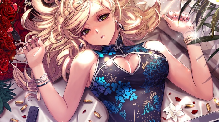 lying down, blonde, open mouth, ammunition, Furyou Michi Gang Road, original characters, rose, laptop, green eyes, blushing, Chinese dresses, cleavage, looking at viewer