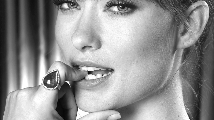 closeup, face, looking at viewer, Olivia Wilde, celebrity, finger on lips, rings, teeth, people, hand, girl, photography, portrait