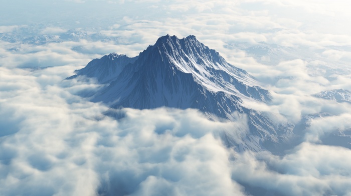 clouds, mountain, snowy peak