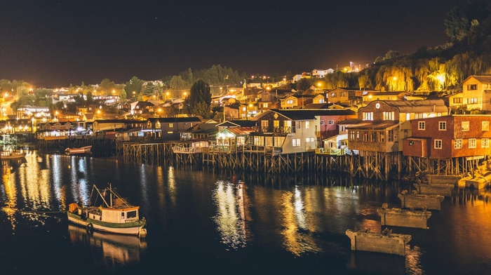 lights, city, architecture, island, sea, landscape, night, boat, urban, Chile, pile, dwelling