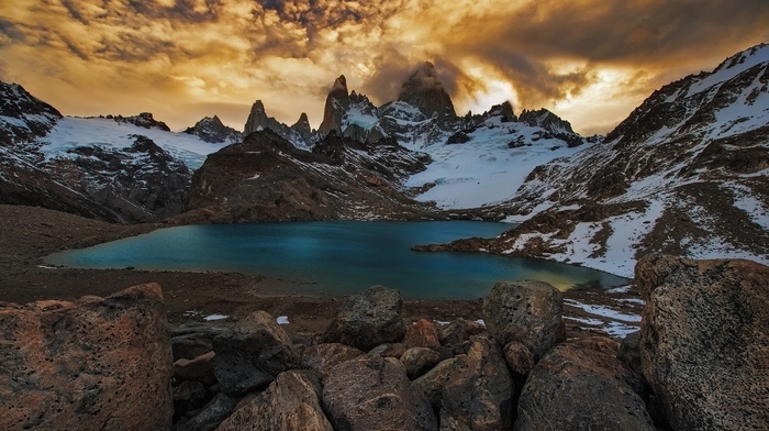 mountain, nature, sunset, landscape, snowy peak, clouds, lake, Argentina