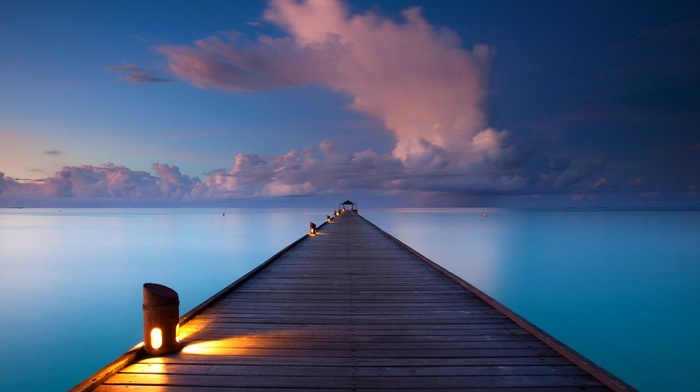 sunrise, nature, Maldives, lamps, horizon, pier, sea, landscape, lights, clouds, walkway, tropical