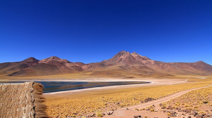nature, Atacama Desert, hut, mountain, Chile, lake, dirt road, blue, shrubs, landscape