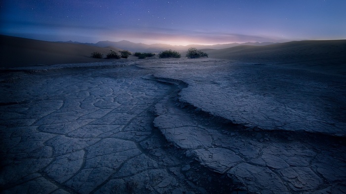 blue, shrubs, desert, dune, nature, mountain, landscape, sunrise, california, stars, death valley, mist