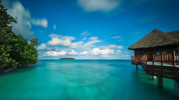 turquoise, Maldives, water, beach, bungalow, summer, clouds, sea, landscape, tropical, nature, walkway, trees