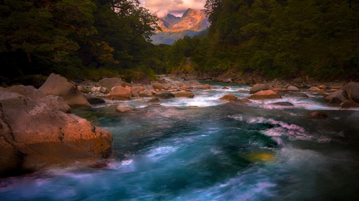 landscape, rapids, nature, clouds, mountain, sunset, trees, river