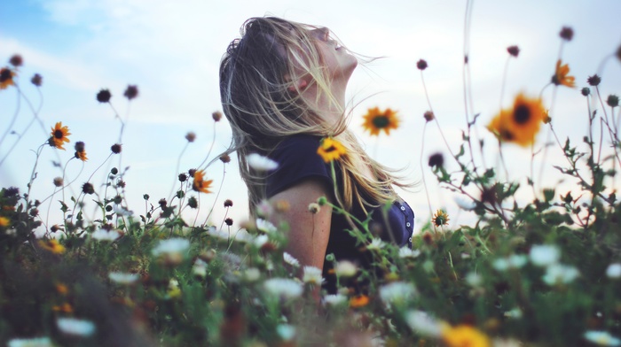 flowers, girl outdoors