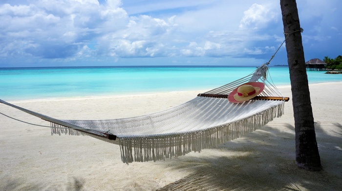 beach, sea, summer, nature, Vacations, Maldives, clouds, trees, sand, island, hammocks, tropical, landscape