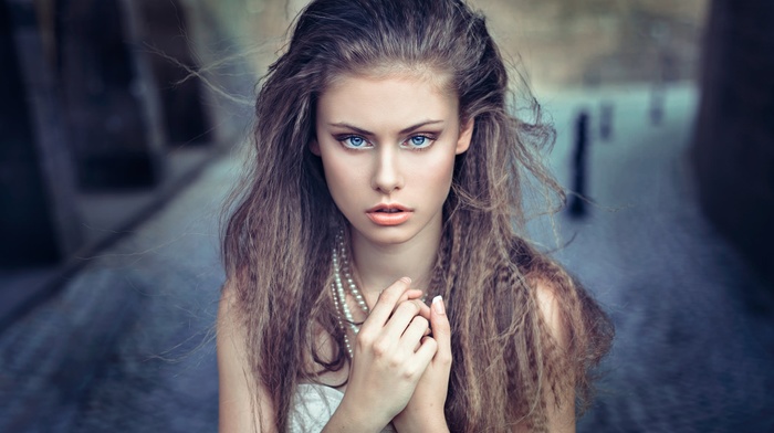face, blue eyes, girl, brunette, portrait, model, pearl necklace