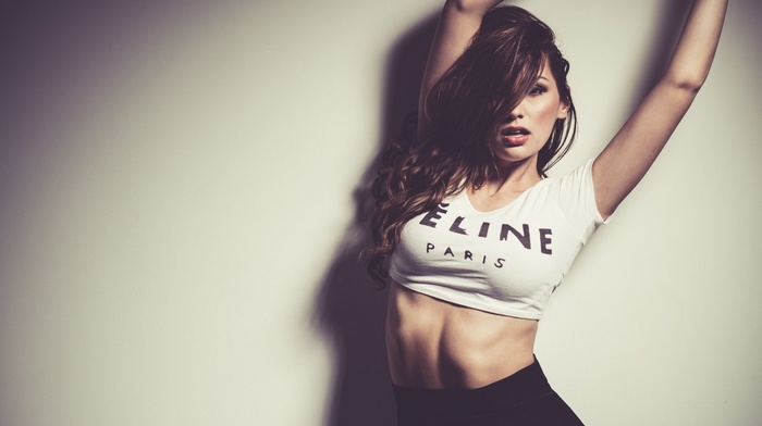 long hair, model, open mouth, arms up, girl, brunette, walls