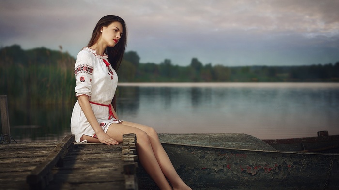 sitting, looking away, girl, model, river