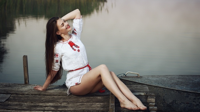 girl, sitting, model, river, smiling, closed eyes