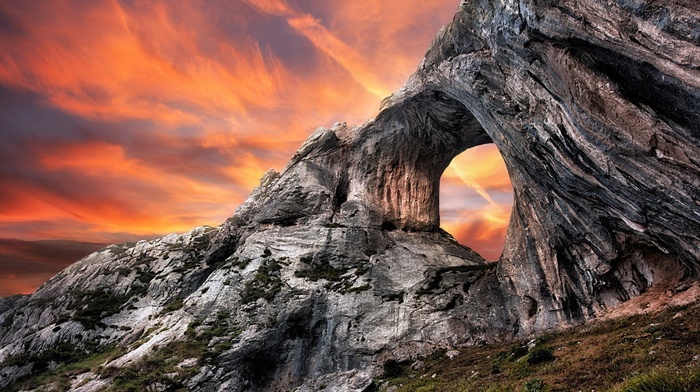 nature, sunset, cliff, rock, landscape, rock formation