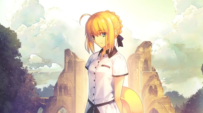 bangs, alternate outfit, hair bun, ribbon, green eyes, looking at viewer, solo, blonde, Saber, fate series, clouds, smiling, landscape, anime girls