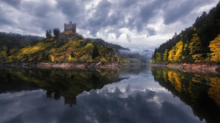 trees, forest, clouds, rock, water, reflection, France, nature, castle, landscape, hill, lake, mist