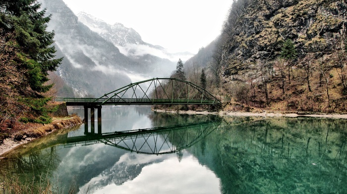 bridge, water, lake, forest, mist, landscape, snowy peak, trees, rock, reflection, nature