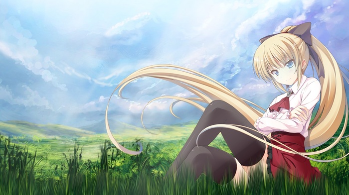 grass, anime girls, blonde, ponytail, sky