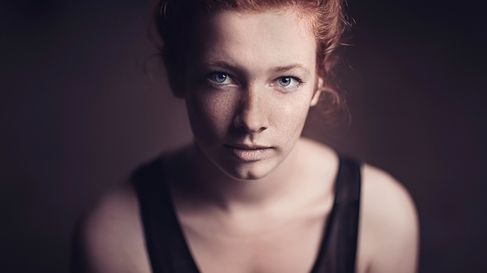 auburn hair, face, blue eyes, freckles, portrait, girl, model