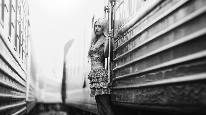 model, blonde, train, girl, monochrome, vehicle