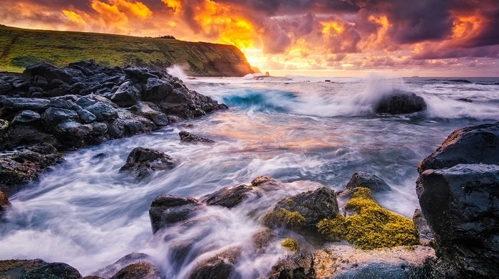 sea, nature, waves, clouds, Easter Island, sunset, cliff, rock, Chile, coast, landscape