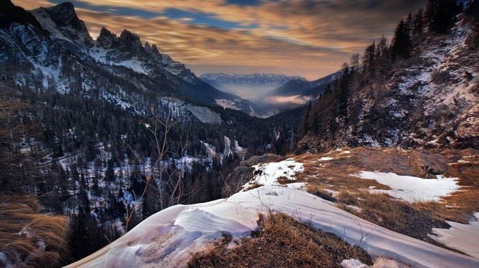 Italy, sunrise, nature, valley, fall, mountain, long exposure, mist, snow, landscape, forest, clouds