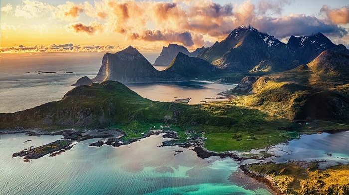 Sun, sea, cliff, beach, clouds, midnight, island, Norway, landscape, Lofoten, mountain, nature