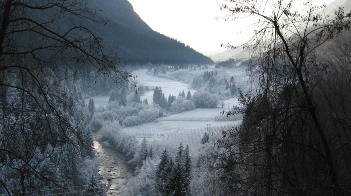 winter, mountain, landscape, river, trees, valley, snow, forest, nature, field