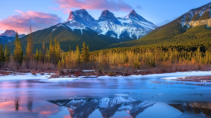 snowy peak, sunset, Canada, clouds, trees, forest, landscape, river, frost, mountain, nature, reflection