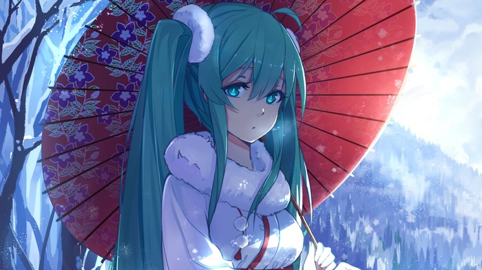 twintails, kimono, long hair, Vocaloid, forest, teal hair, Japanese umbrella, green eyes, solo, snow, bangs, anime girls, looking at viewer, Hatsune Miku