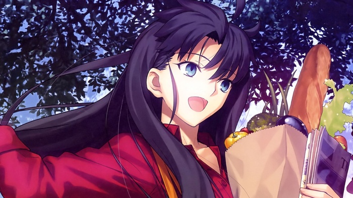 trees, girl outdoors, blue eyes, leaves, looking away, open mouth, shirt, long hair, Type, moon, vegetables, happy, Pepper, anime girls, newspapers, bangs, black hair, fate series, Tohsaka Rin, solo, bread