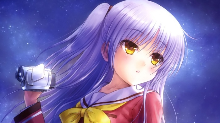 long hair, Charlotte anime, blushing, solo, twintails, camera, bangs, looking away, open mouth, school uniform, anime girls, yellow eyes, silver hair