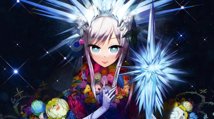 blue eyes, blue flowers, solo, anime girls, gloves, flowers, headdress, original characters, crowns, silver hair, looking at viewer
