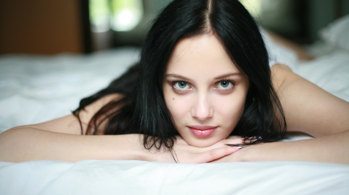model, brunette, girl, blue eyes, in bed