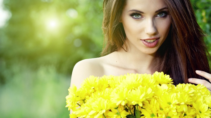 yellow flowers, depth of field, bare shoulders, flowers, strategic covering, open mouth, looking at viewer, girl outdoors, long hair, brunette, girl