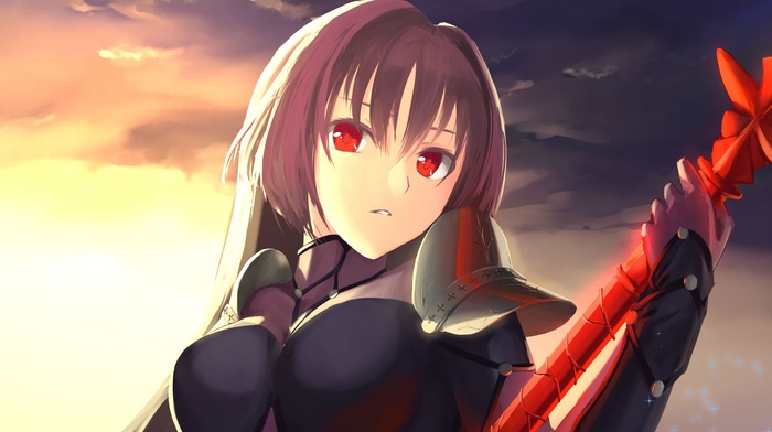 clouds, red eyes, long hair, Type, moon, gloves, open mouth, solo, fate series, brunette, anime girls, armor, weapon, spear, bangs, Lancer FateGrand Order, sunset
