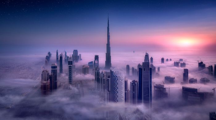 sky, city, clouds, skyscraper, cityscape, long exposure, building, Burj Khalifa, Dubai, tower, mist, sunrise