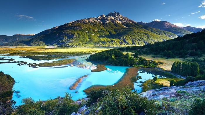 landscape, shrubs, turquoise, Patagonia, nature, summer, water, sunset, Chile, river, trees, mountain