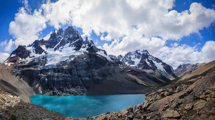 landscape, Andes, lake, summer, snowy peak, nature, clouds, Chile, mountain