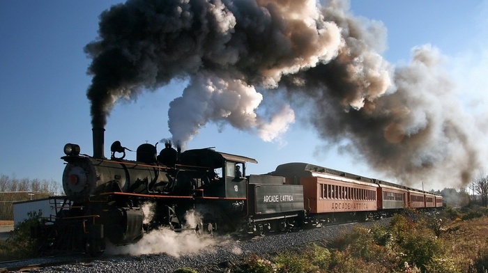 plants, USA, New York state, men, train, smoke, railway, steam locomotive, vehicle, trees, rail yard