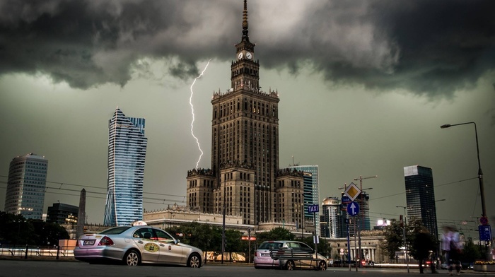 Poland, lightning, car, clouds, Warsaw, city, building, cityscape, architecture, clock towers