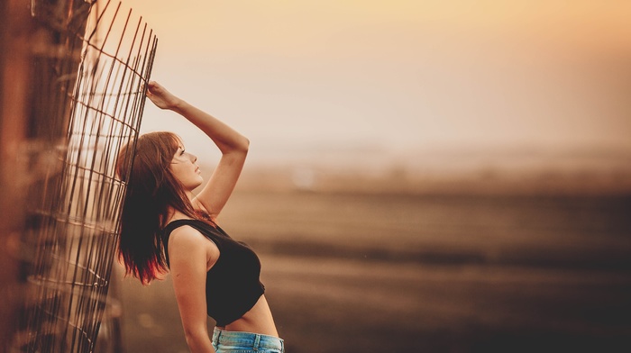 girl, fence, black tops, depth of field, redhead, jeans