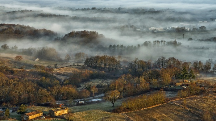 villages, morning, sunrise, fall, landscape, nature, mist, trees