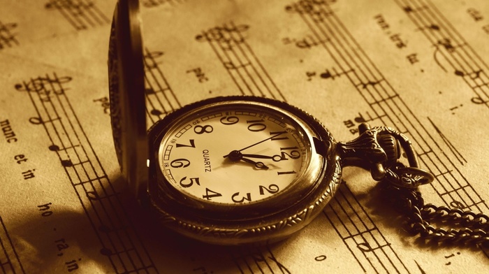 clocks, paper, musical notes, sepia, vintage