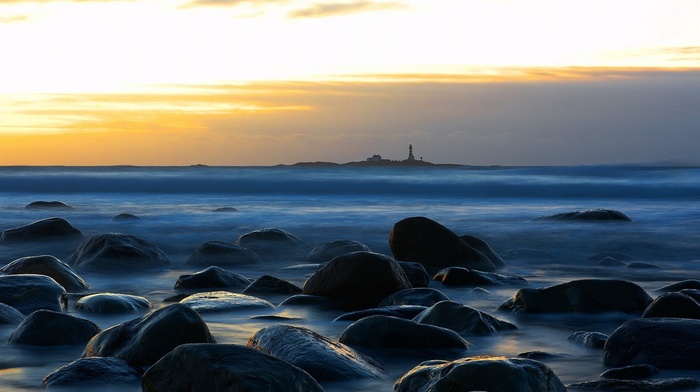 sunset, lighthouse, rock, sea, beach