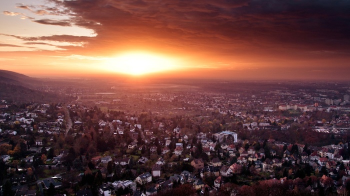 sunset, house, city