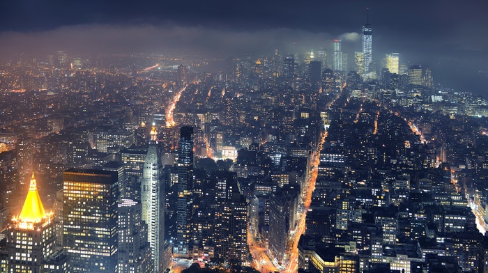 cityscape, New York City, mist, lights, city, skyscraper