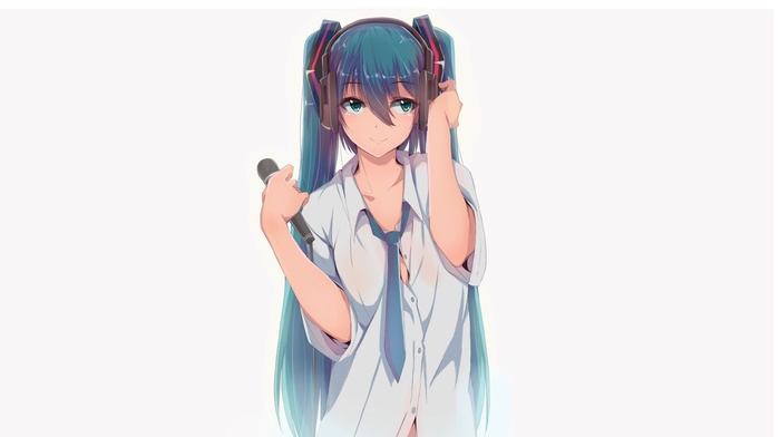 shirt, anime girls, blue eyes, blushing, headphones, simple background, solo, blue hair, microphones, tie, looking away, Hatsune Miku, Vocaloid, twintails, long hair, bangs