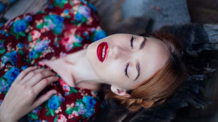 closed eyes, auburn hair, girl, red lipstick, lying down, depth of field
