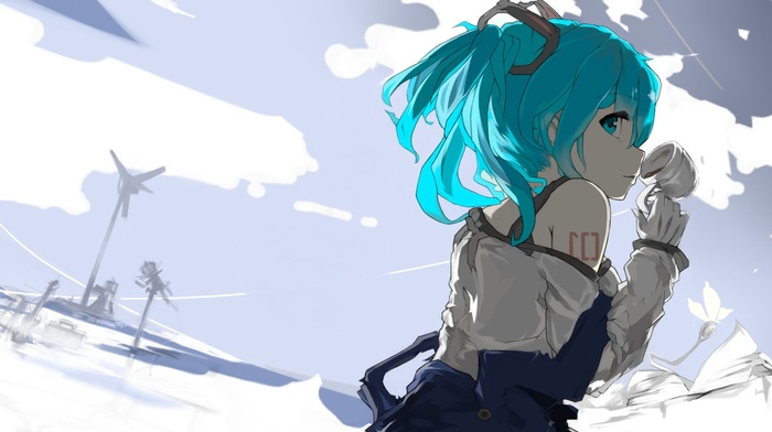 solo, tattoo, looking at viewer, Vocaloid, bangs, cup, looking back, gloves, twintails, blue hair, Hatsune Miku, blue eyes