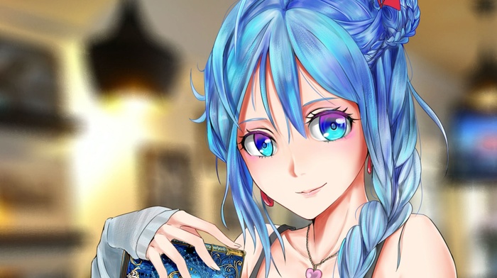 looking at viewer, Phoena Chain Chronicle, closeup, braids, bare shoulders, smiling, blue eyes, bangs, solo, Chain Chronicle, blue hair